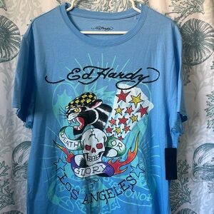 NWT ED HARDY Powder Blue Shirt Skull DEATH OR GLORY LOS ANGELES MEN’S LARGE L